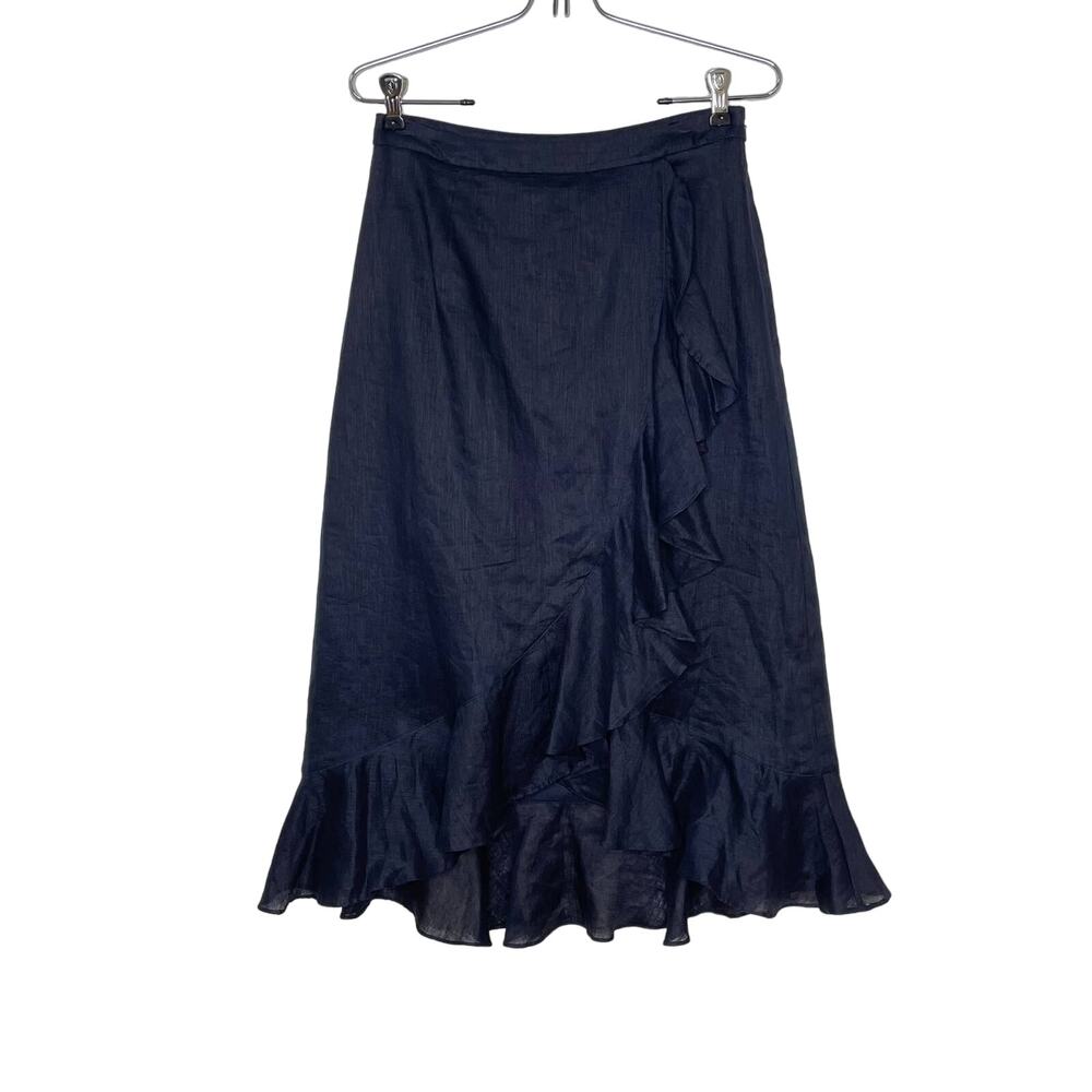 J. Peterman Sz 4 Navy Blue Linen Ruffle Asymmetrical A-Line Faux Wrap Midi Skirt